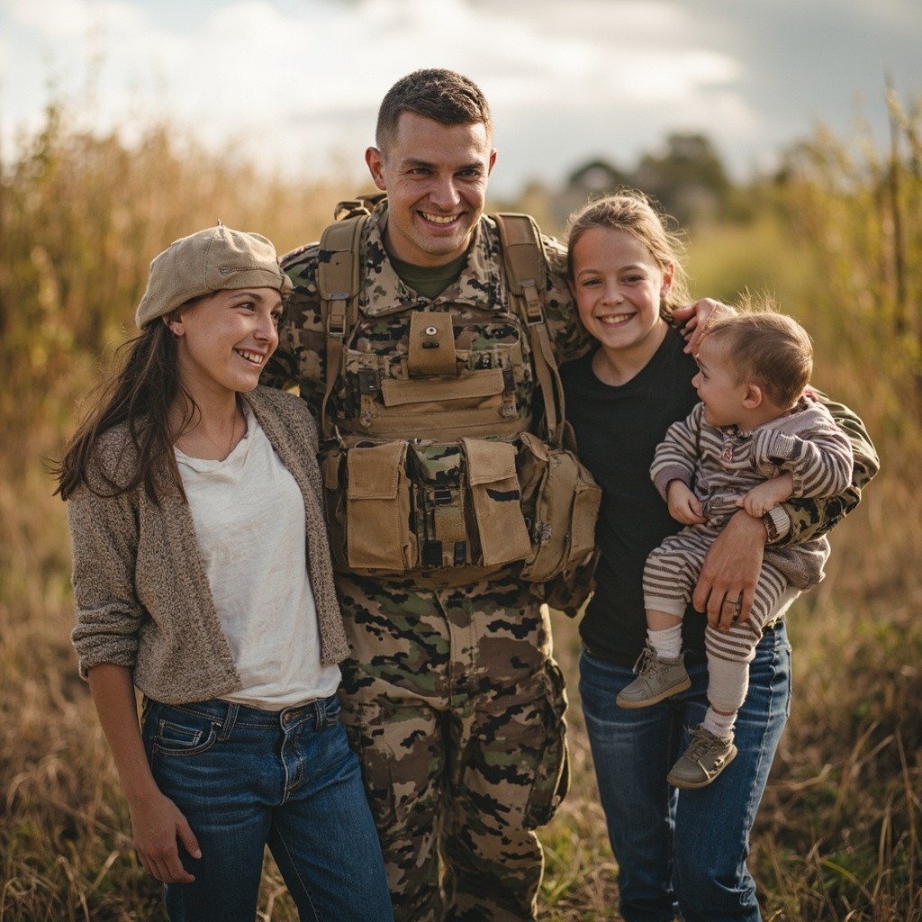 A Smiling Soldier Standing with His Family