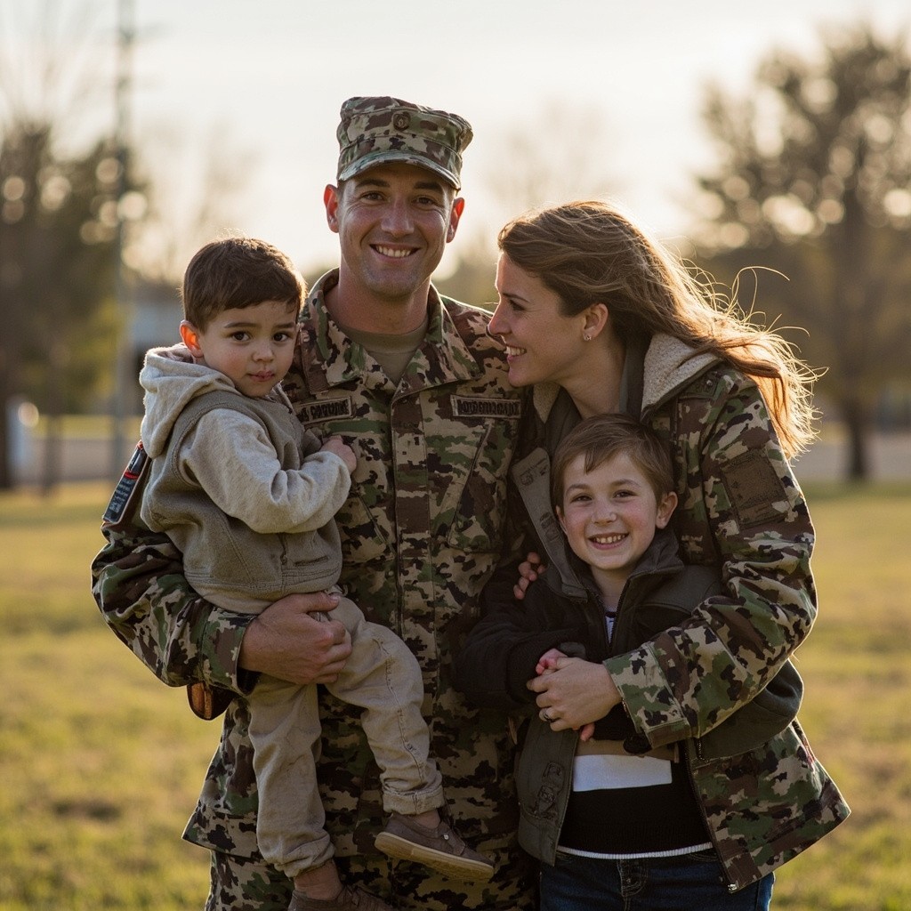 A Smiling Soldier with His Family, Quality Photo