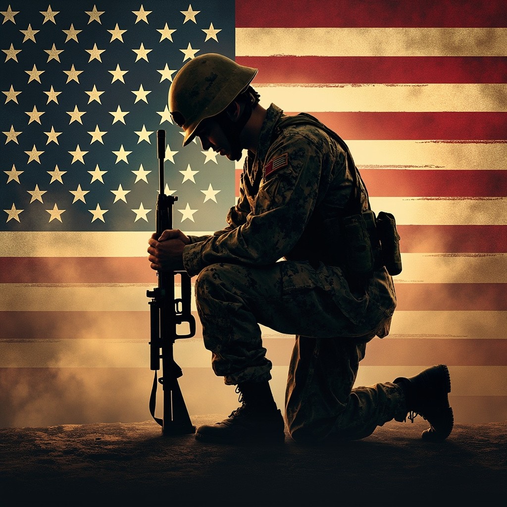 A Soldier Kneeling with American Flag Behind