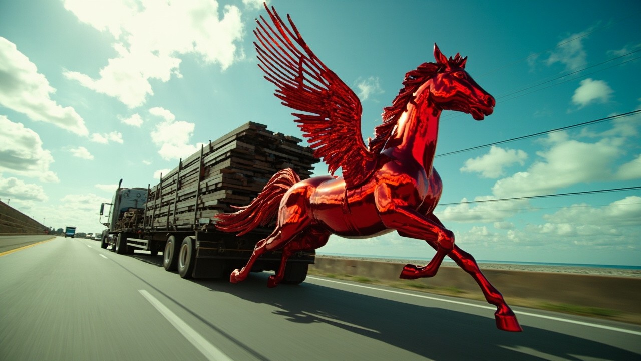 A Steel Pegasus Races Truck on Busy Freeway
