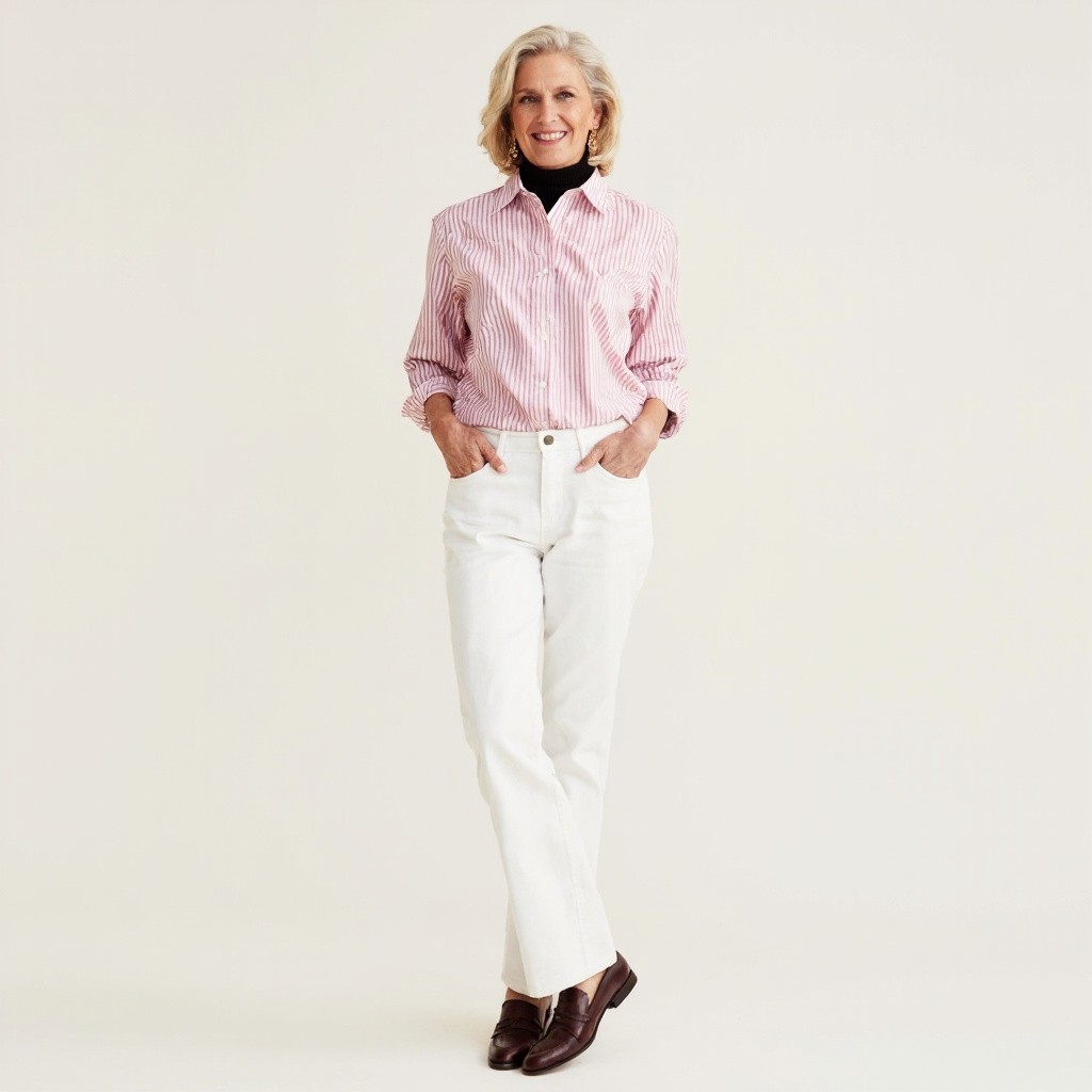A Stylish 50-Year-Old Woman in Striped Outfit