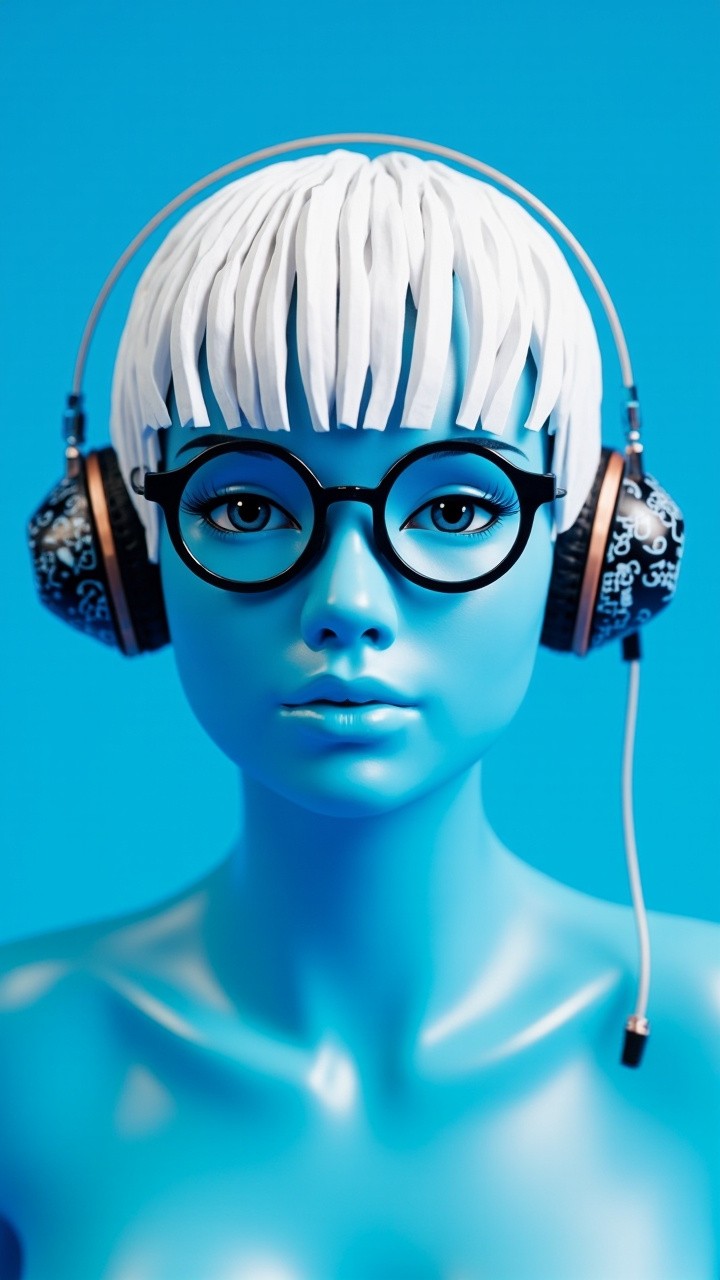 A Stylish Blue Woman with Chinese Porcelain Headphones