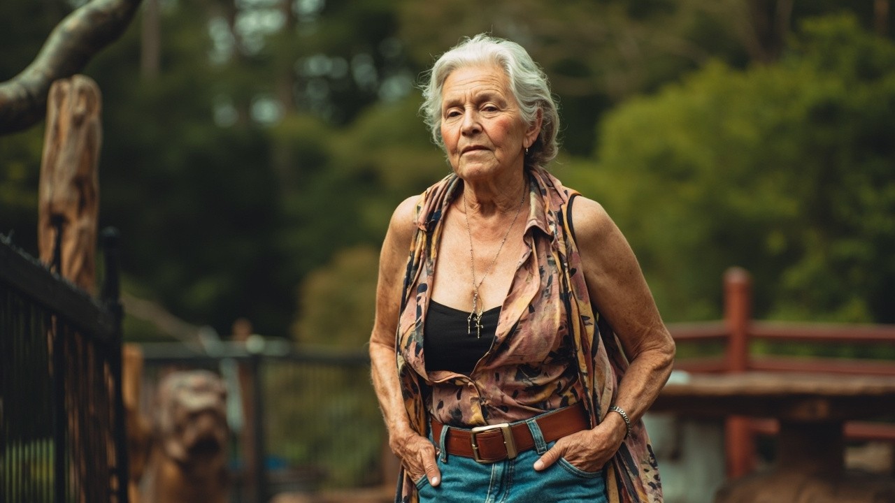 A Stylish Elderly Woman Posing in Vibrant Clothes