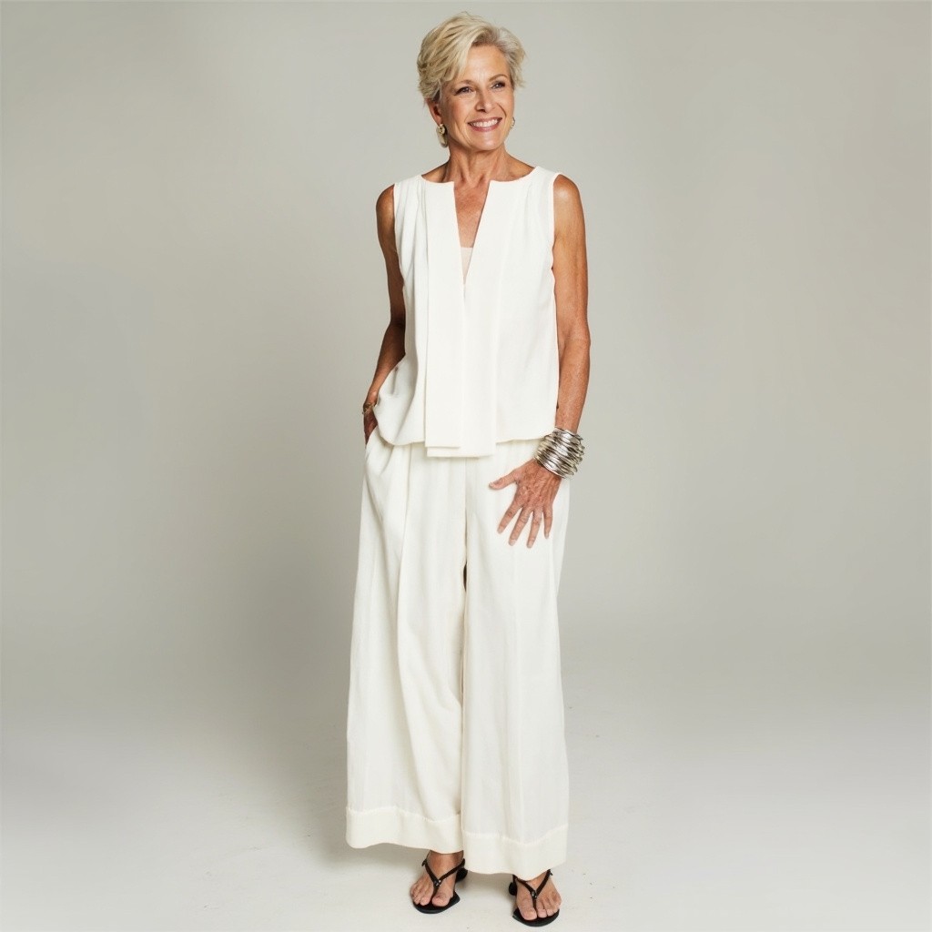 A Stylish Lady in White Suit and Silver Bangles