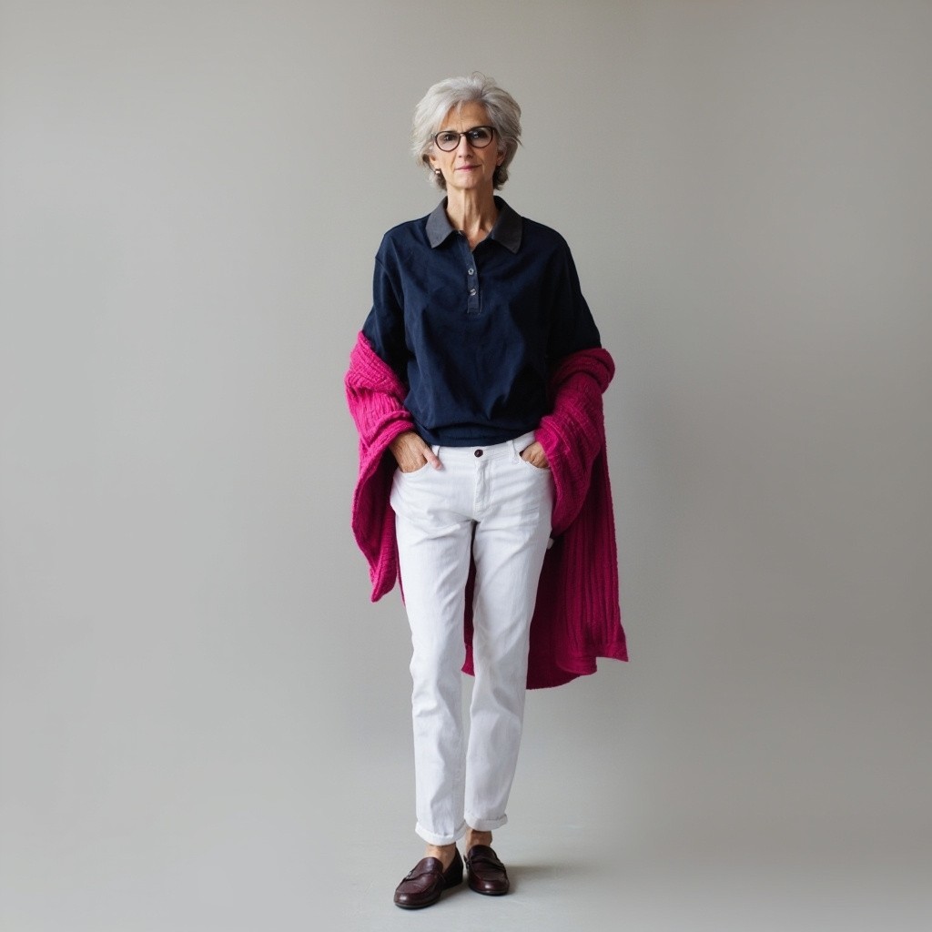 A Stylish Middle-Aged Woman in Navy Polo Outfit