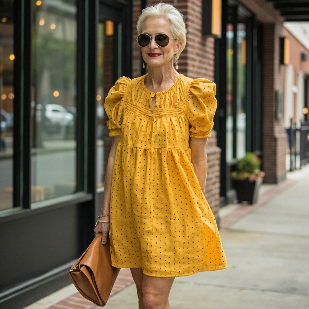 A Stylish Middle-Aged Woman in Yellow Dress