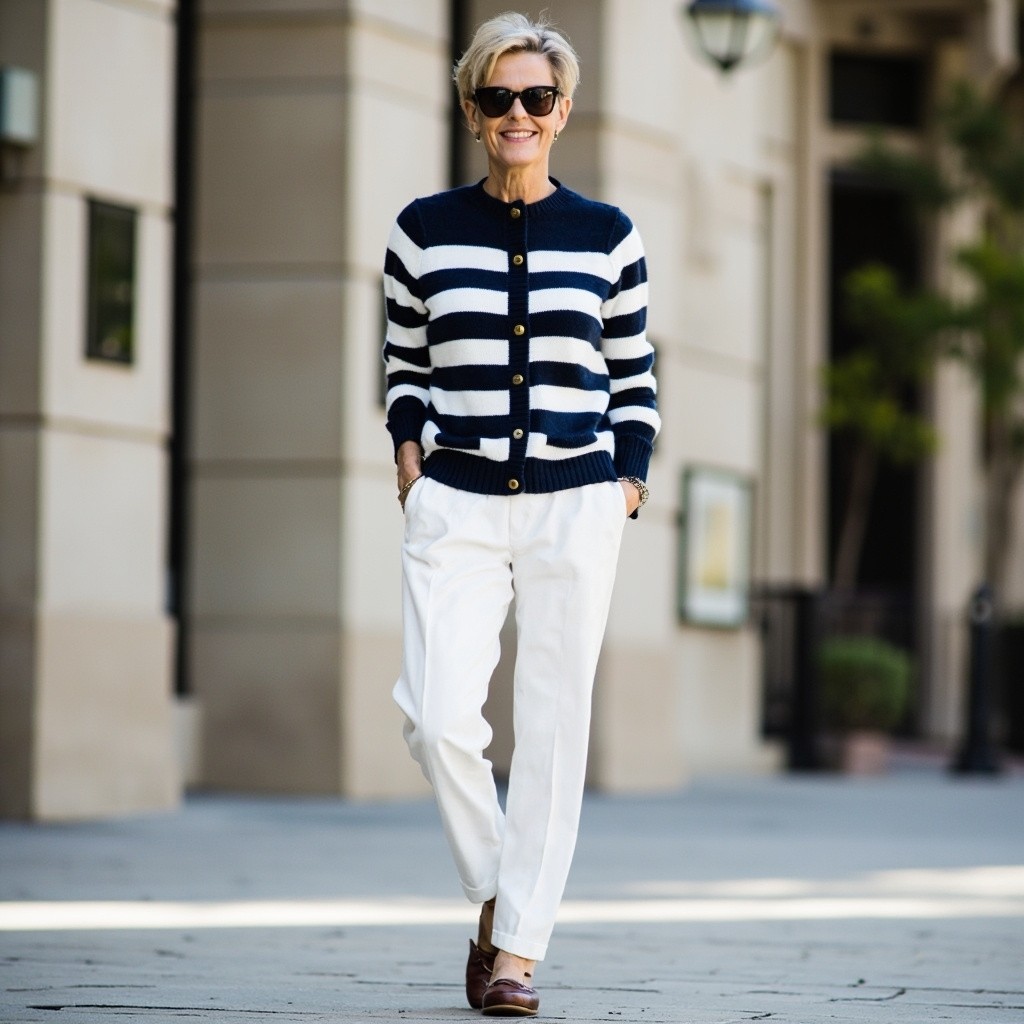 A Stylish Middle-aged Woman in Nautical Attire
