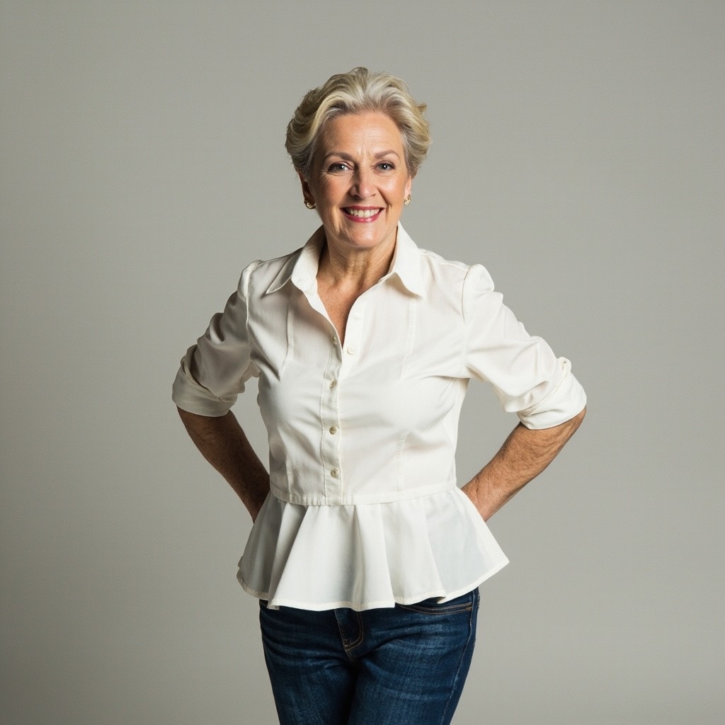 A Stylish Middle-aged Woman in Peplum and Jeans