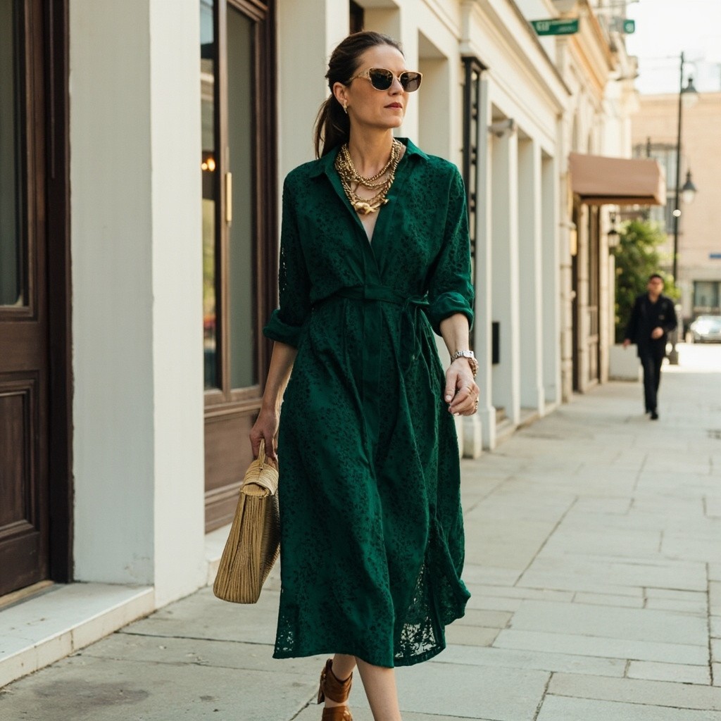 A Stylish Vogue Woman in Green Eyelet Dress