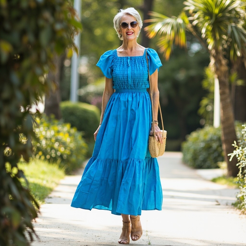 A Stylish Woman in Blue Dress with Accessories
