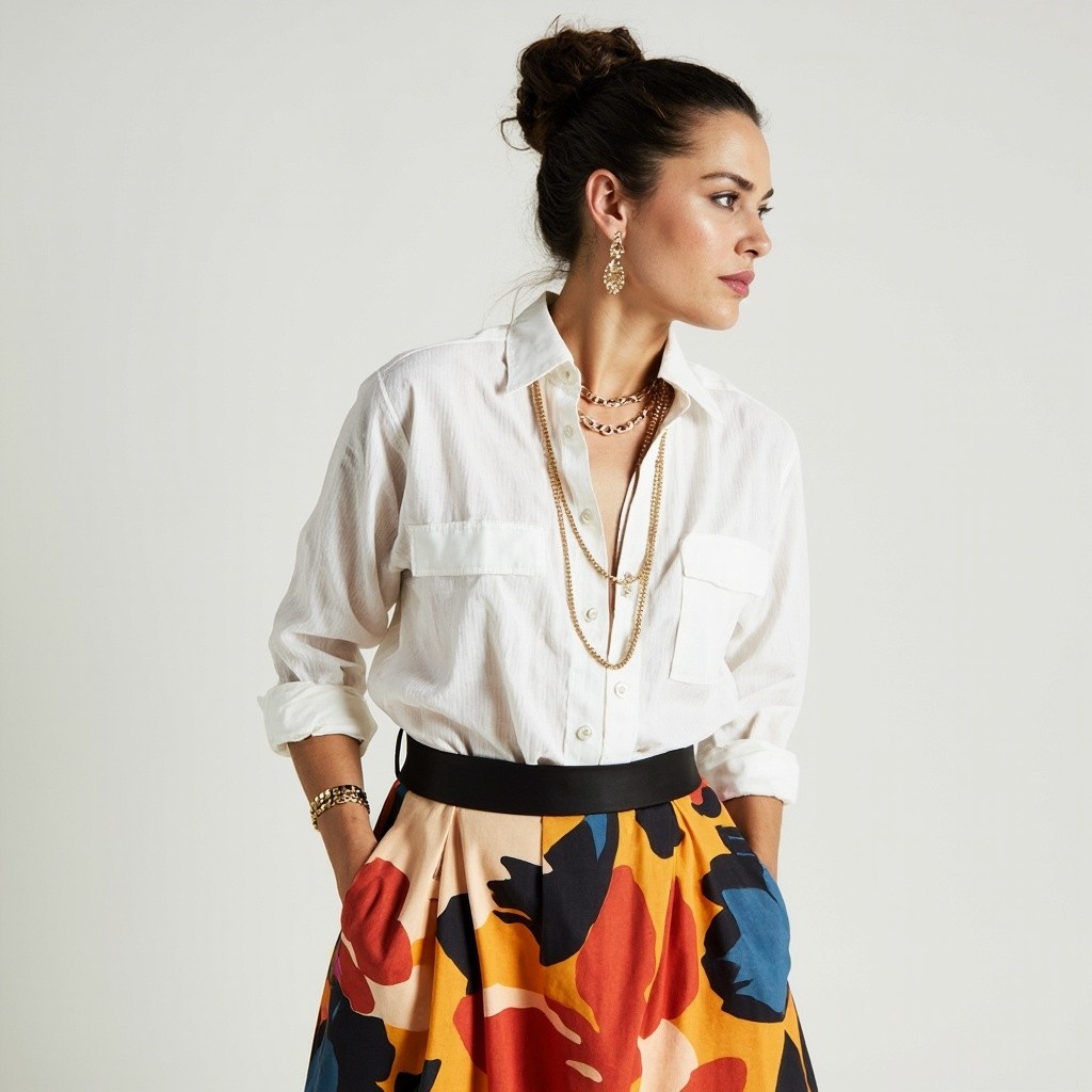 A Stylish Woman in Bold Floral Skirt and Heels