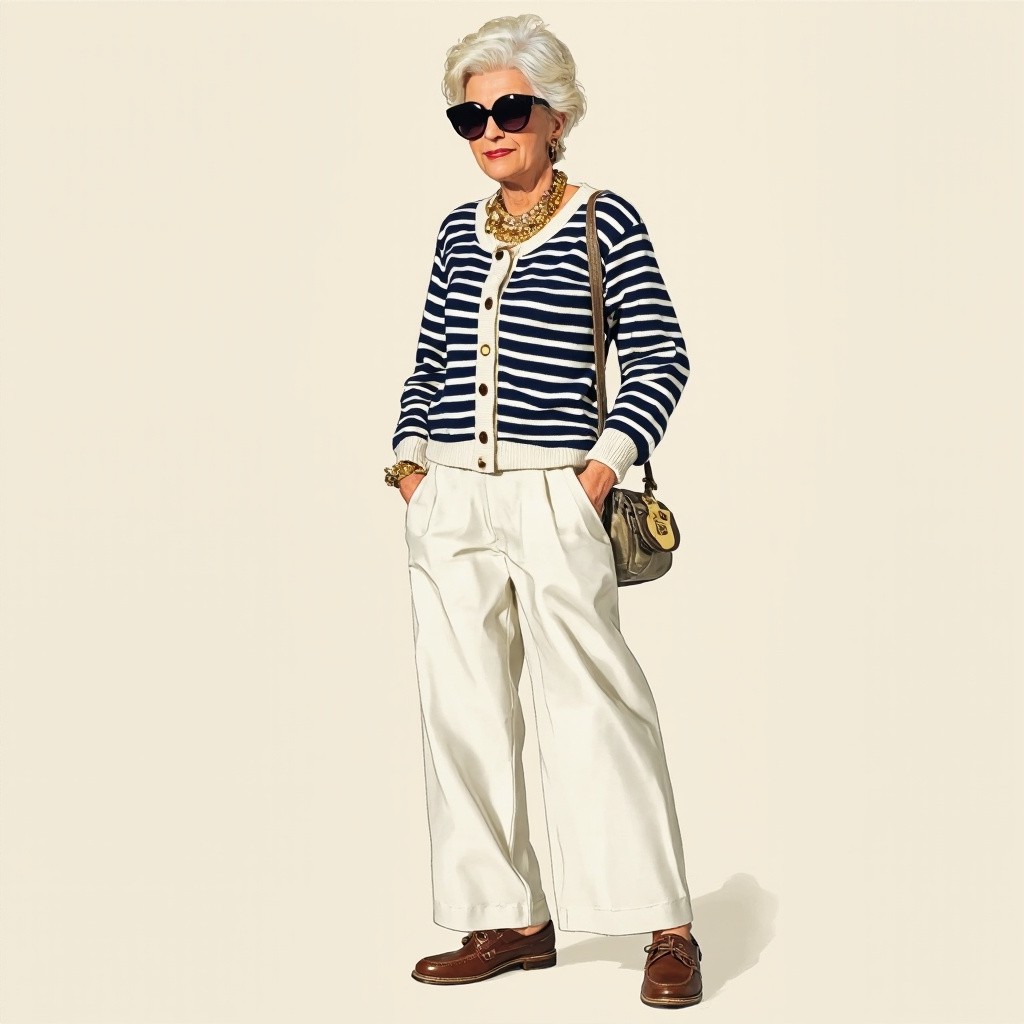 A Stylish Woman in Nautical Cardigan and Sunglasses