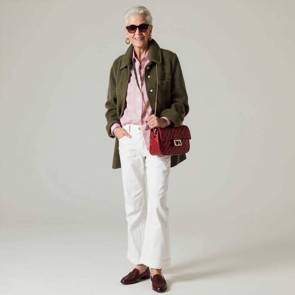 A Stylish Woman in Striped Shirt and White Jeans
