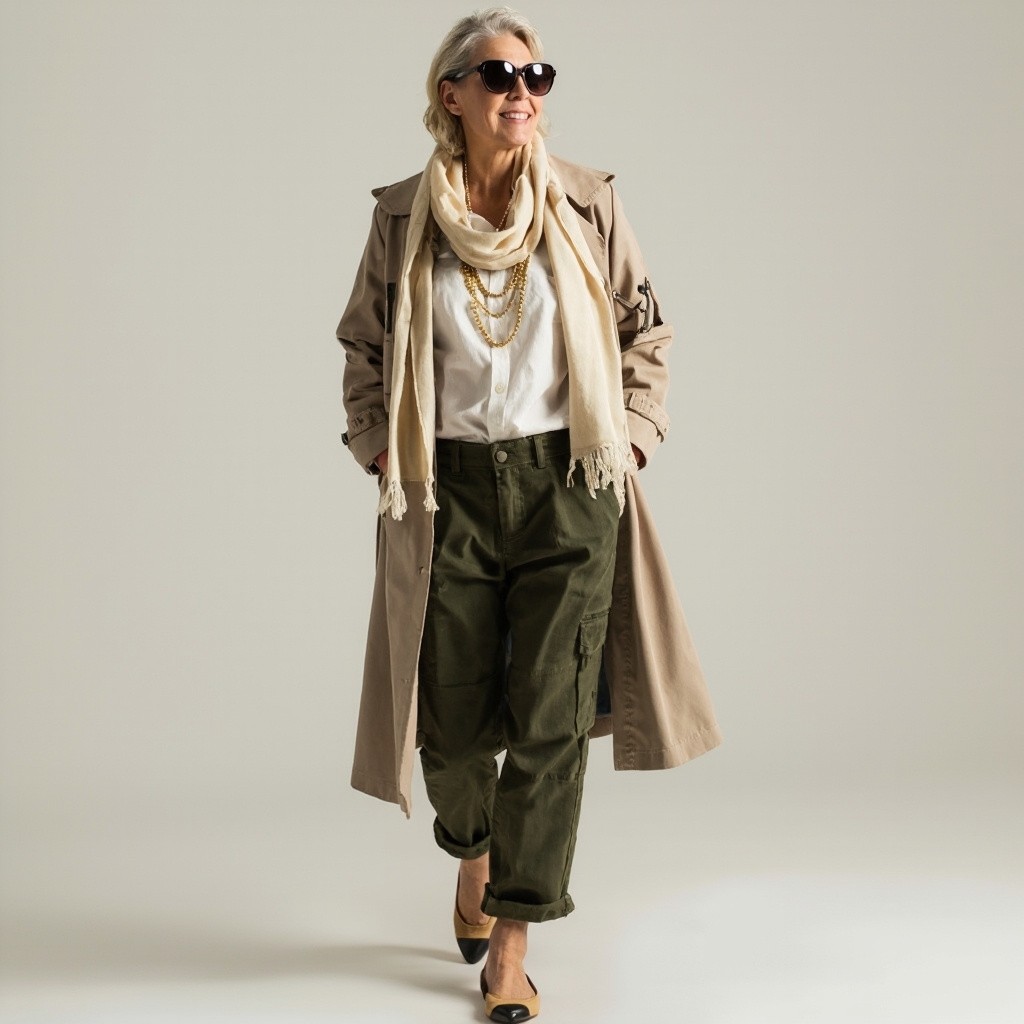 A Stylish Woman in Trench Coat and Cargo Pants