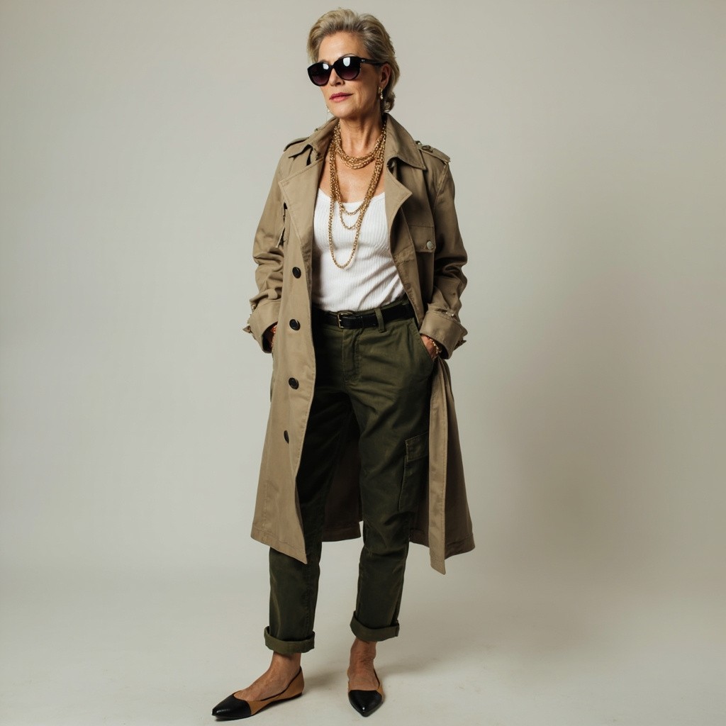 A Stylish Woman in Trench Coat and Cargo Pants