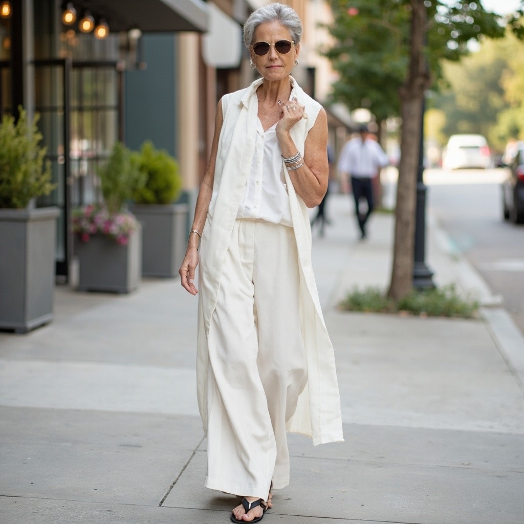 A Stylish Woman in White Outfit and Gray Hair