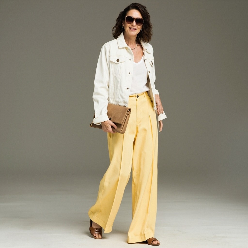 A Stylish Woman in Yellow Trousers and Jean Jacket