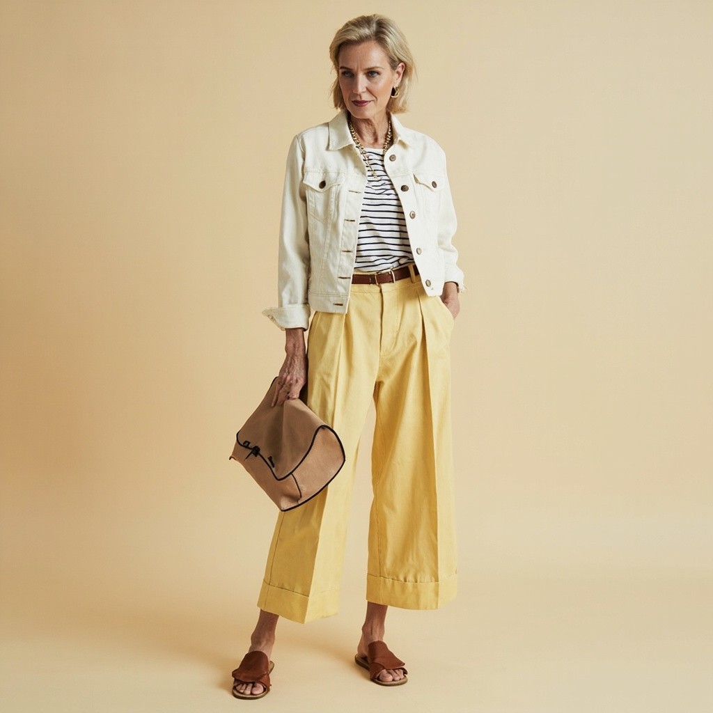A Stylish Woman in Yellow Trousers and White Jacket