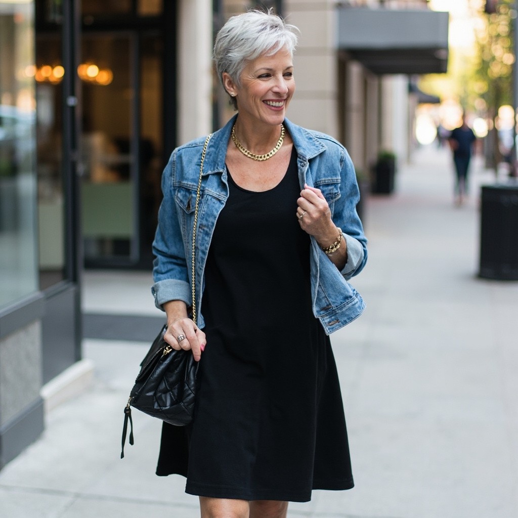 A Stylish Woman in a Black Dress and Denim Jacket