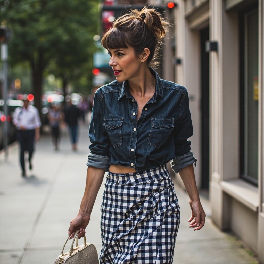 A Stylish Woman with Ponytail in Gingham Skirt