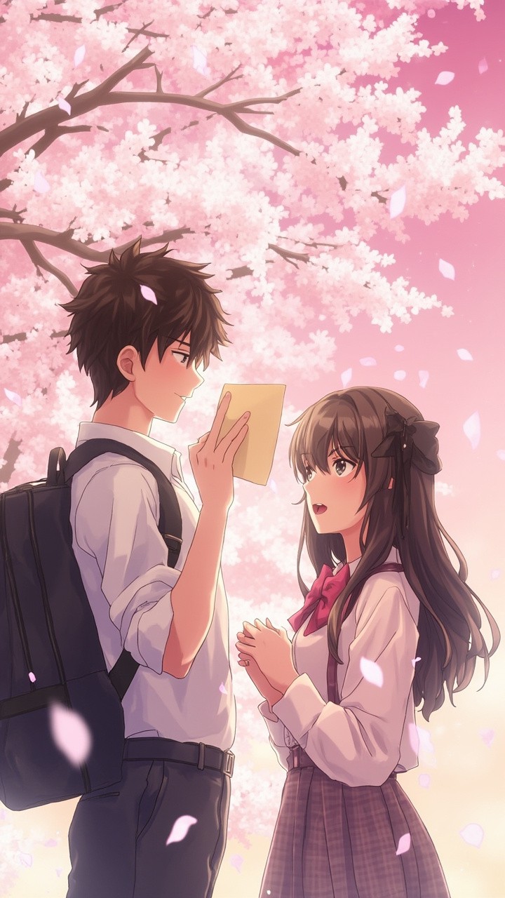 A Surprised Girl Receiving Love Letter under Sakura