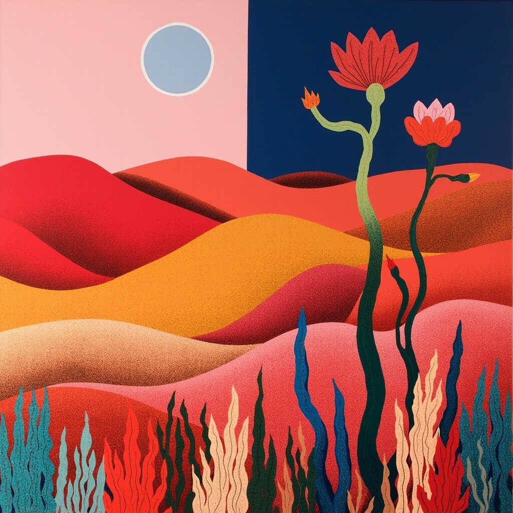 A Surreal New Mexico Desert with Towering Flowers