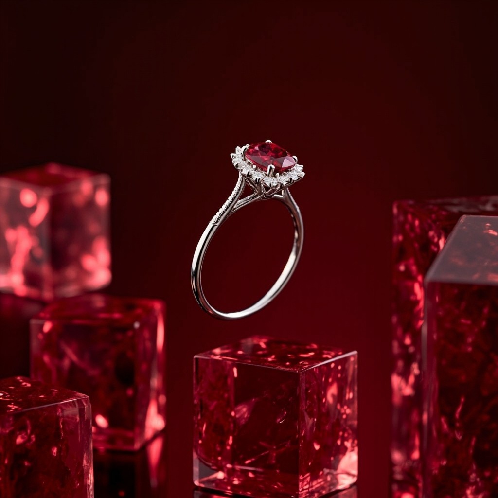 A Suspended Diamond and Ruby Ring Against Maroon