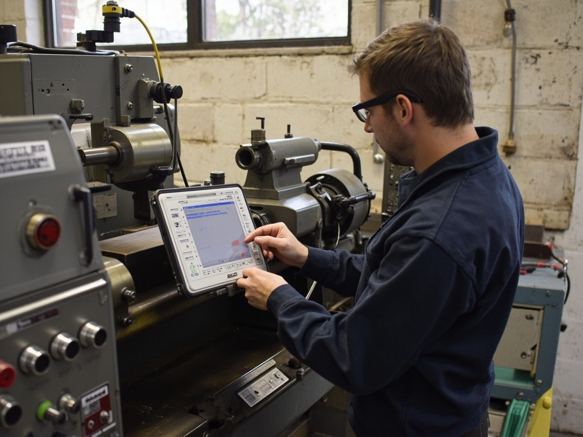 A Technician Analyzing Vibrations on a Lathe