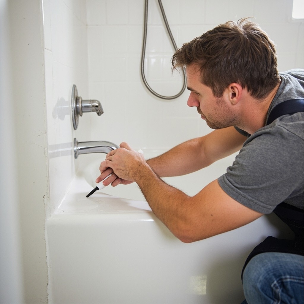 A Technician Caulking Around a Bathtub