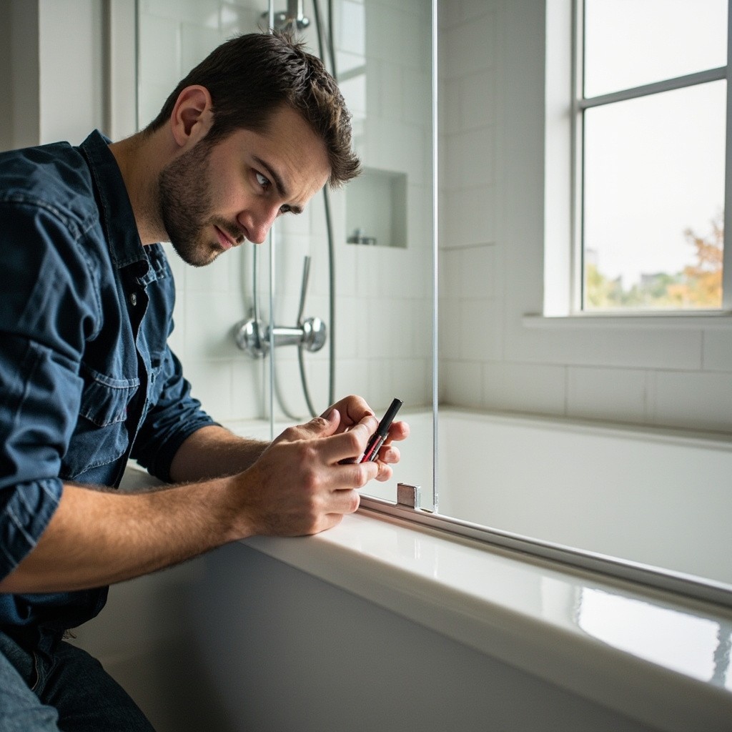 A Technician Caulking Around a Bathtub