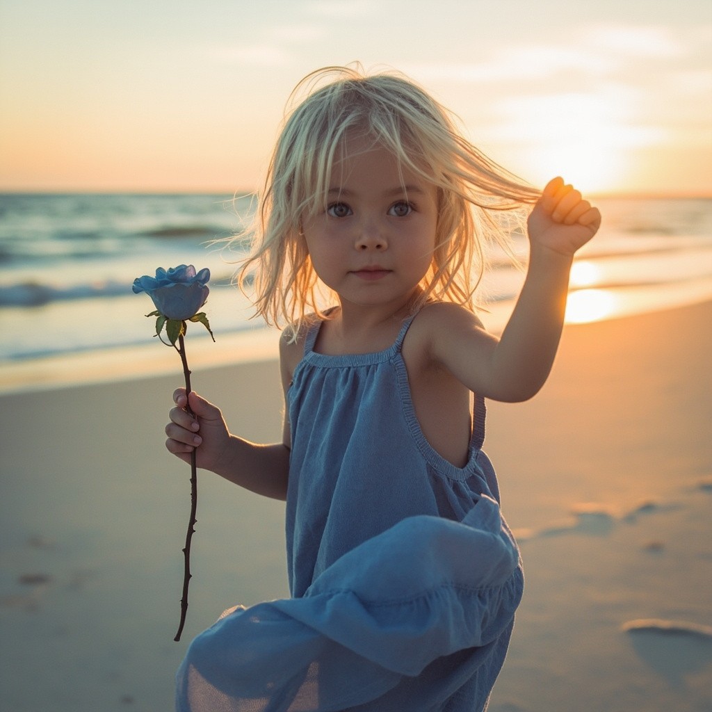 A Teen Girl with Blue Rose at Sunrise