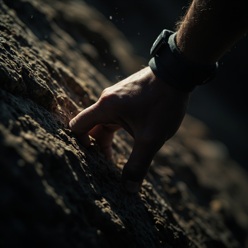 A Tense Hand Climbing a Rough Stone Wall