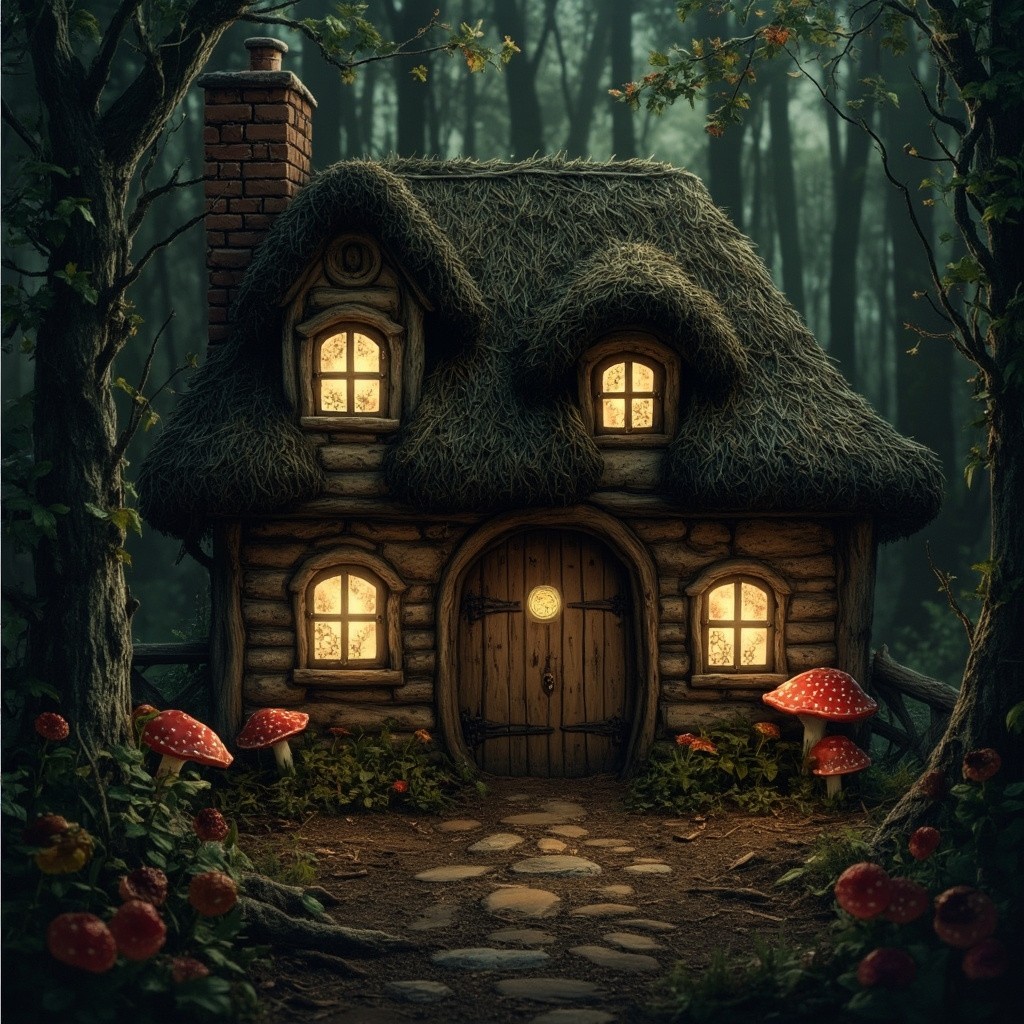 A Thatched Cottage in the Woods with Toadstools