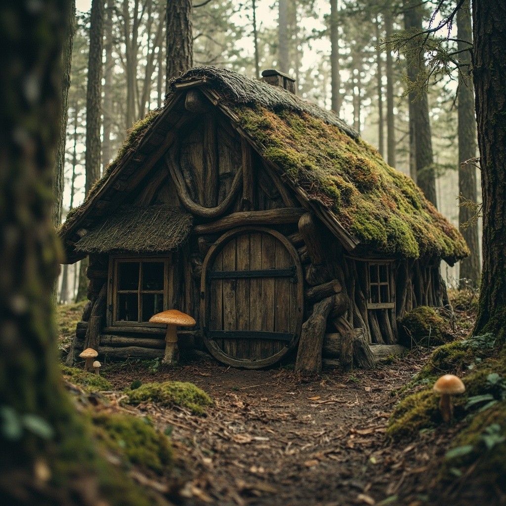 A Thatched Cottage with Circular Door in Woods