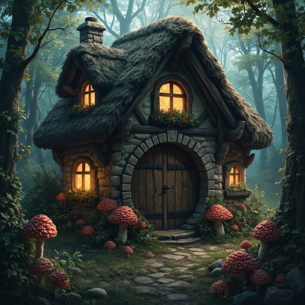 A Thatched Cottage with Glowing Windows in Woods