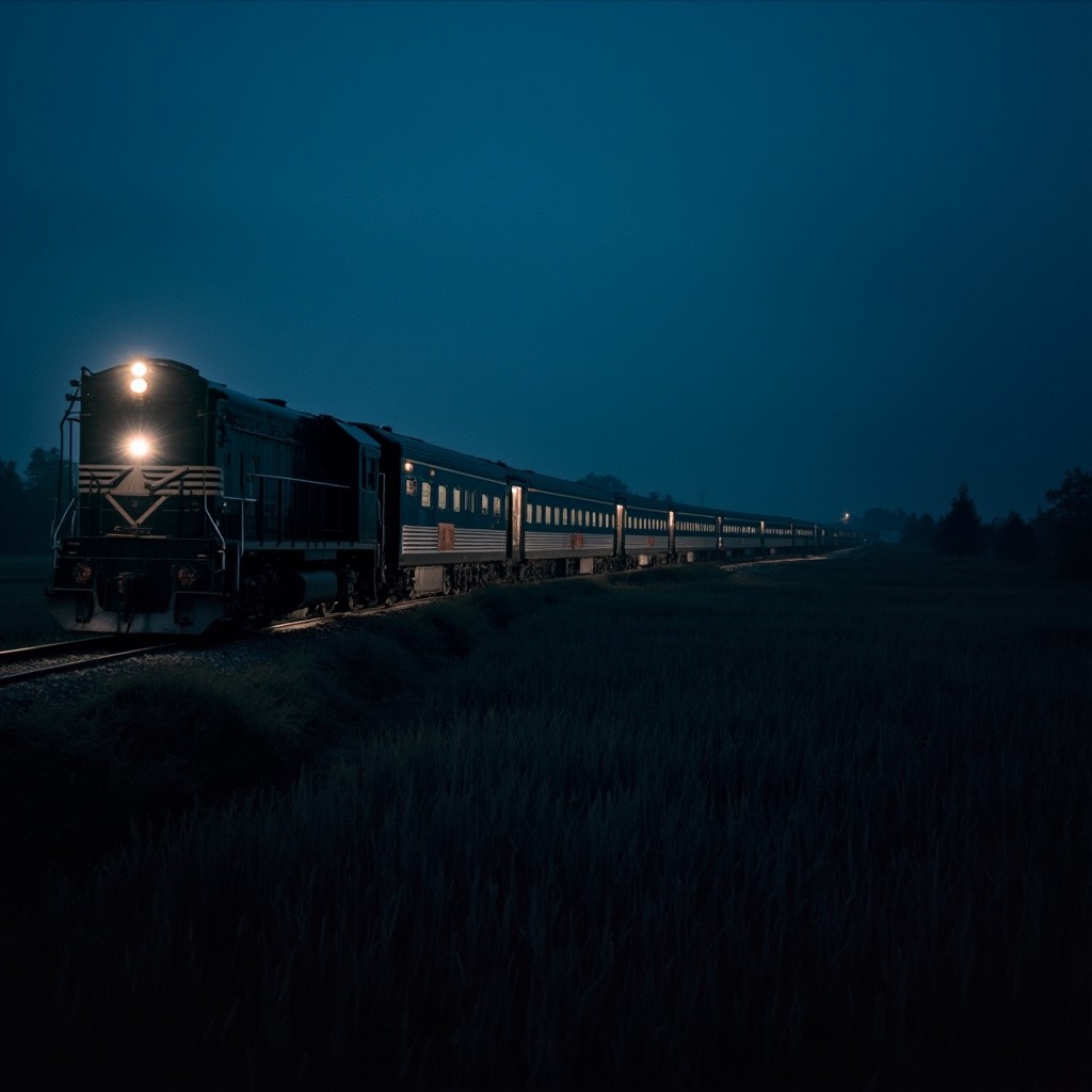 A Train Stopped in a Rice Field at Night
