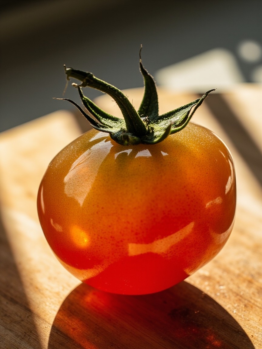 A Transparent Tomato on Wooden Cutting Board