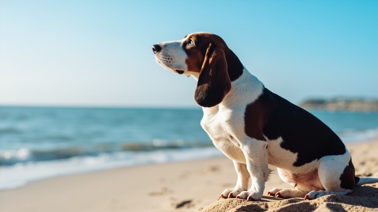A Tricolor Basset Hound Watching Sea at Beach