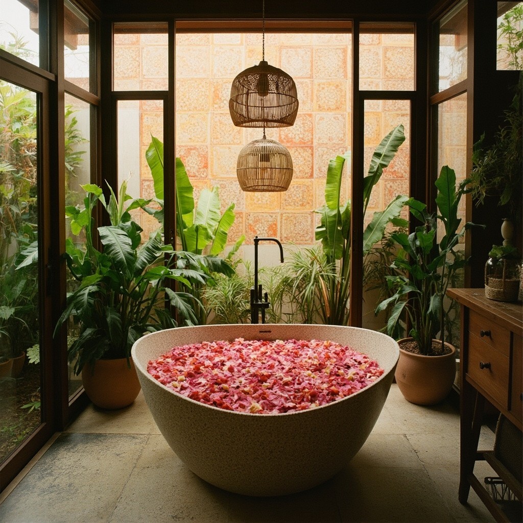 A Tropical Bath with Petals in Early Morning