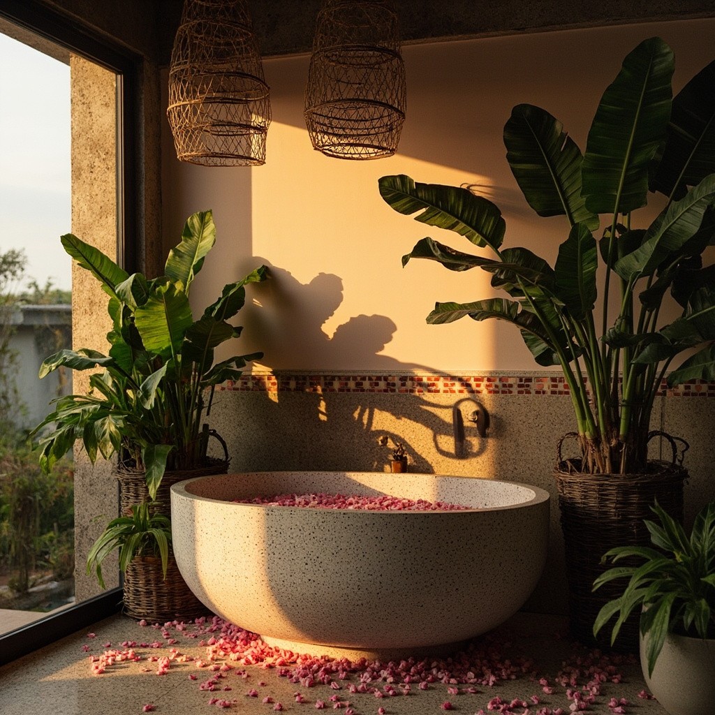 A Tropical Indoor-Outdoor Bathroom at Early Morning