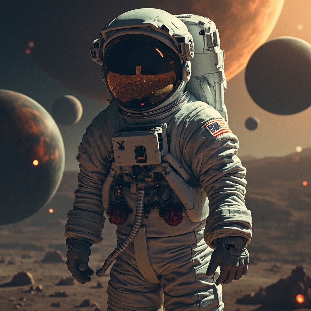 A Unique Space Scene with Planets and Astronaut