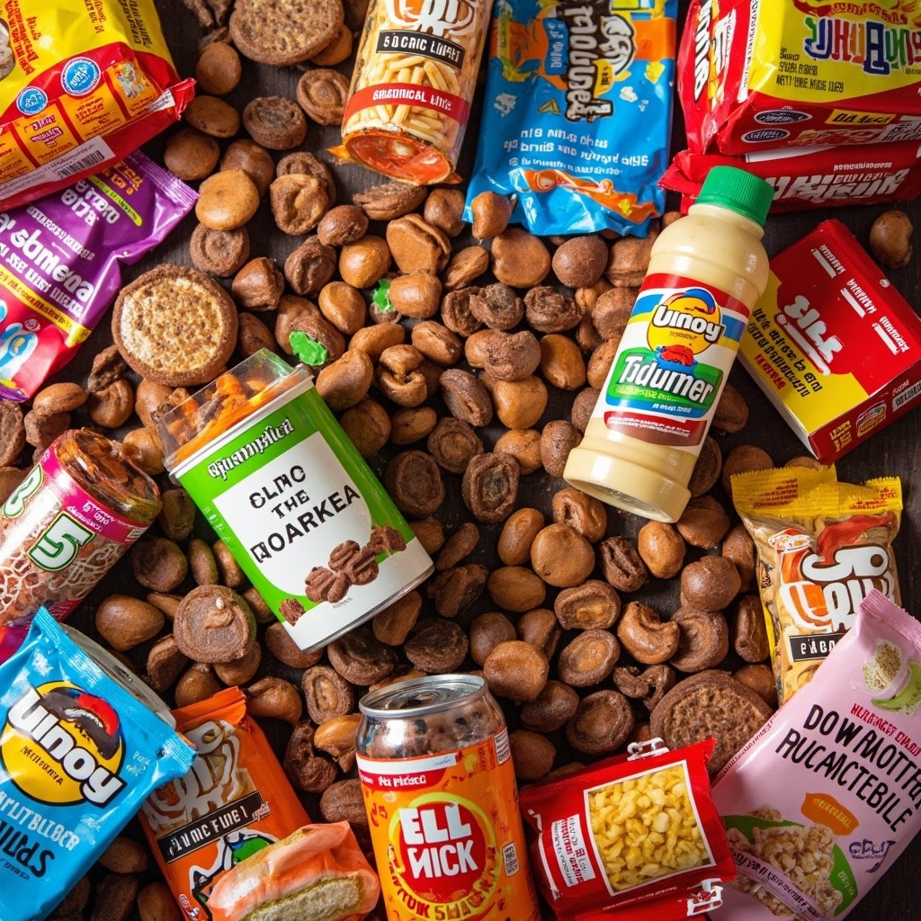 A Variety of Snacks with Candy, Chocolate, and Drinks