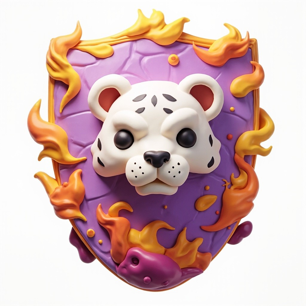 A Vibrant Purple Shield with Tiger and Flames