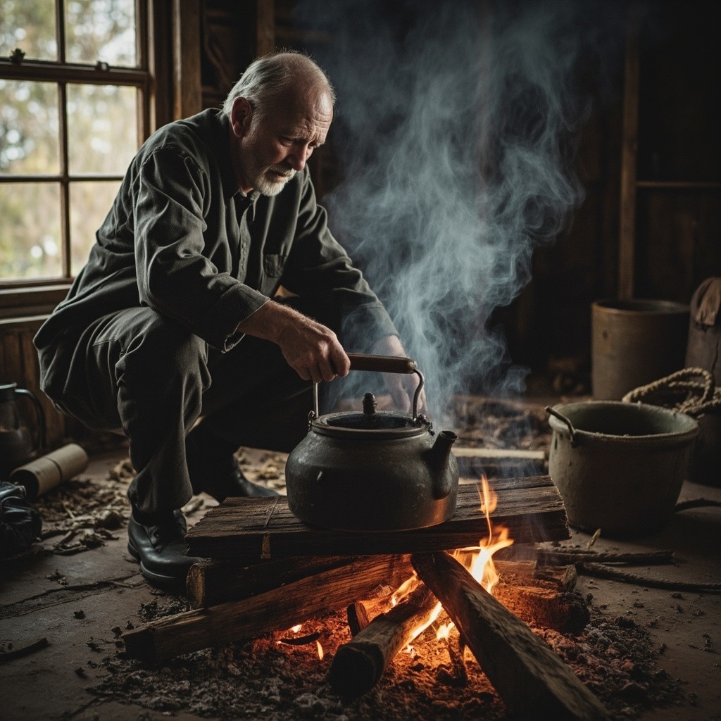 A Village House's Wood Fire Boiling Kettle