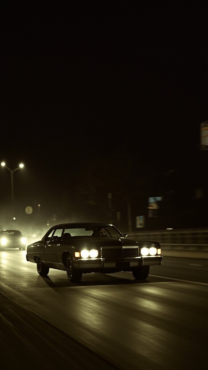 A Vintage Cadillac Driving on a Dark 1972 Road