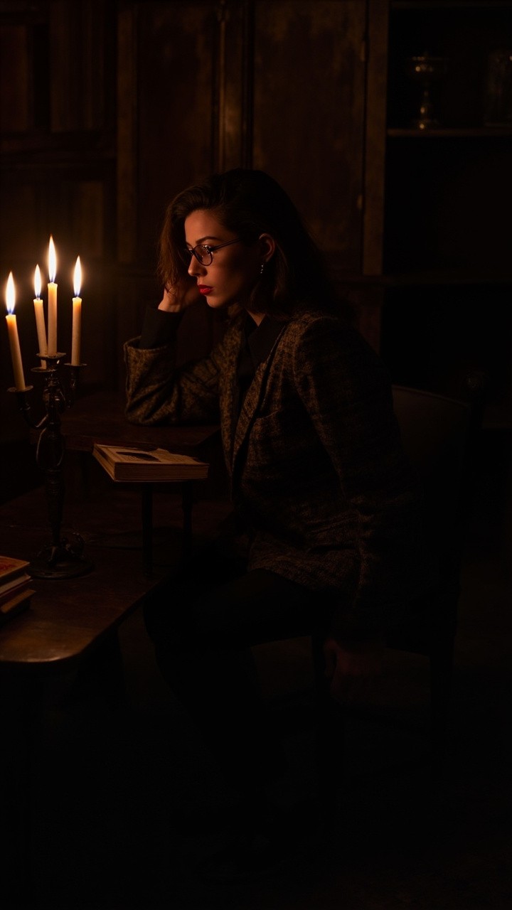A Vintage Library Setting with Dark Academia Fashion