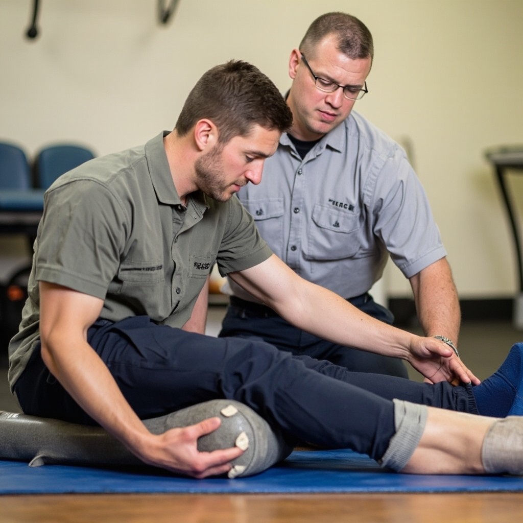 A Volunteer Assisting Athlete in Sports Rehabilitation