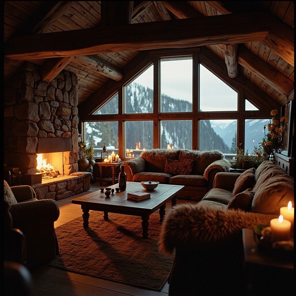 A Warm Chalet Living Room During Twilight