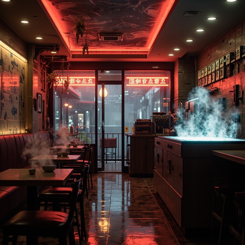 A Warm Cyberpunk Noodle Shop with Neon Lights