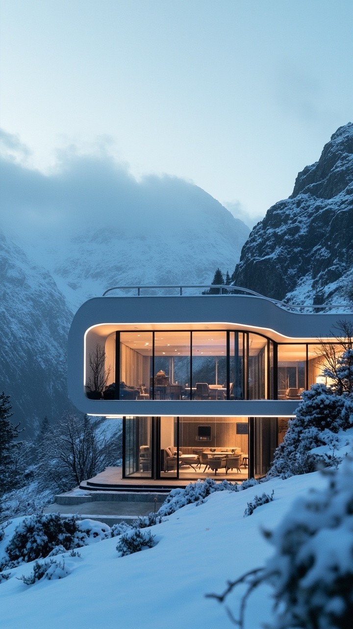 A Warm Futuristic Glass House in Winter Mountains